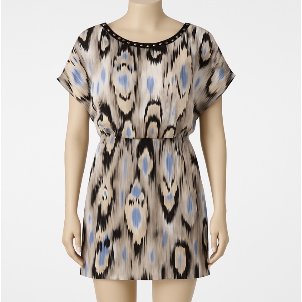 Dressbarn Dress Boho Ikat Beaded Tunic Size 10 NWT Beige‎ Blue Tribal Festival